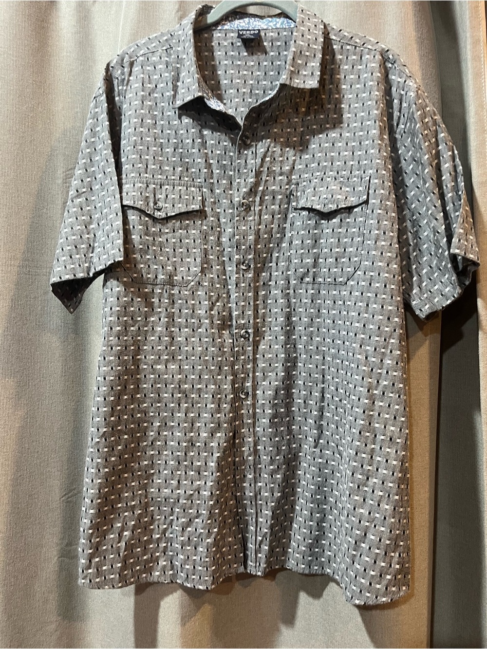 VERDO Men’s Short Sleeve LINEN/COTTON Grey Patterned Button-Up Shirt. SIZE XL